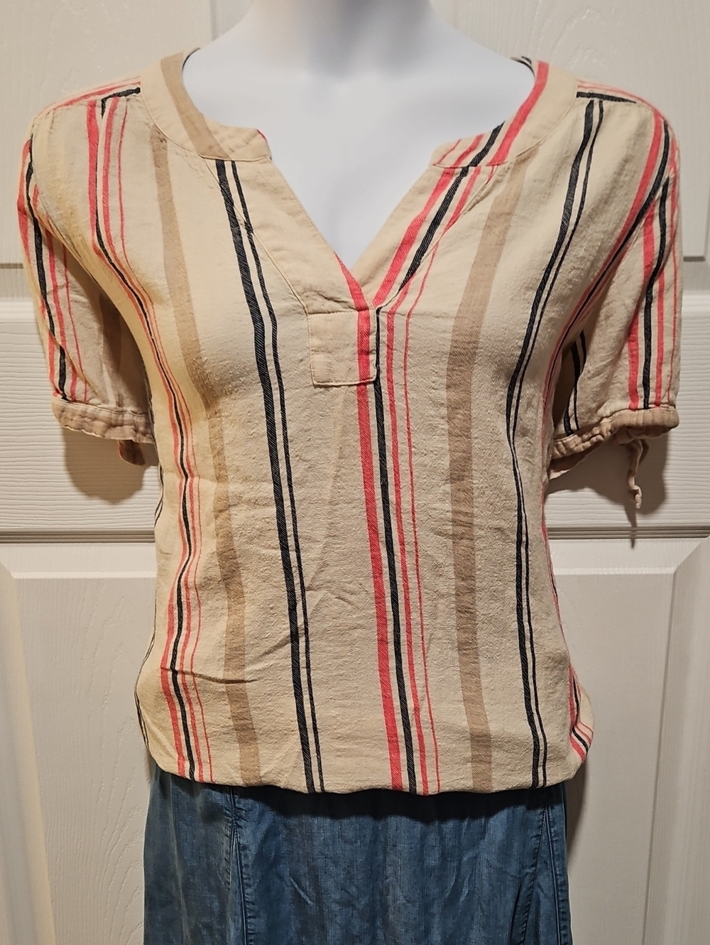 CJ Banks Cream Striped V-Neck Blouse with Pink and Black Accents